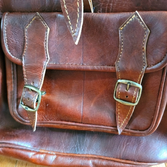 Red Brown Handmade Genunine Goat Leather Satchel Backpack - Picture 5 of 8
